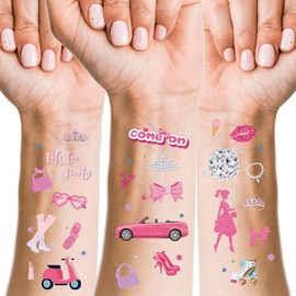 Cranight Temporary Tattoos Children's 75 Styles Pink Girls Tattoos Princess Birthday Party Decorations Let's Go Party Supplies Pink Children's Tattoos