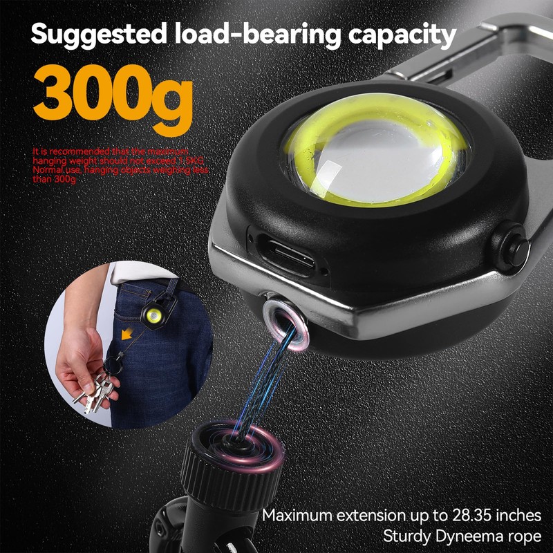 Retractable Keychain Condenser Flashlight 300 Lumens Rechargeable 4 Working modes