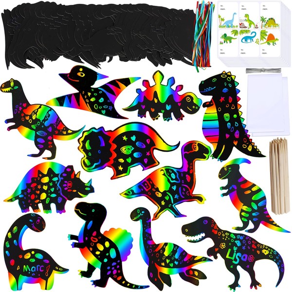 Winlyn 48 Sets 12 Styles Magic Color Scratch Dinosaur Ornaments