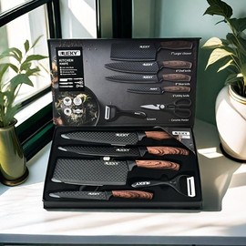 Knife Set, 6-Piece Khaki Professional Kitchen Knife Set for Chef, Super Sharp Knife Set with Universal Knife Block, Anti-Rust Stainless Steel Kitchen Knife Block Set, Ergonomical Design Kitchen Knives - Color: Black