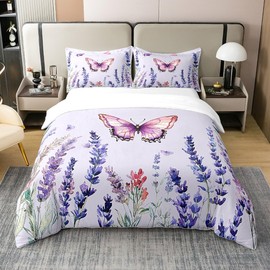 Manfei Lavender 100% Organic Cotton Comforter Cover Purple Flower Butterfly Duvet Cover Set Queen Size for Bedroom Botanical Floral Wild Plants Bedding Set with 2 Pillowcases(Not Comforter)