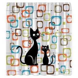 JWJAMM Mid Century Modern Shower Curtain Retro Stars Abstract Vintage Boho Geometric Squares Atomic Black Cat 50s Iconic Retro White Bath Curtains with Hook,70x70 Inch