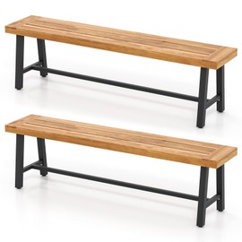 RELAX4LIFE 63’’ Outdoor Bench Acacia Wood - 3-Person Backless Patio Benches with Heavy Duty Metal Frame, Wooden Picnic Dining Garden Bench for Outside Backyard Park Porch, 800 LBS Weight Capacity (2)