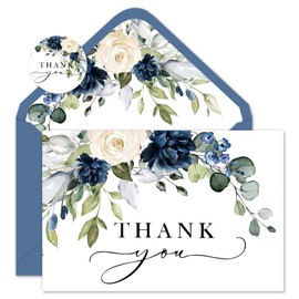 JarThenaAMCS 50 Pack Floral Thank You Cards Bulk Blue Flower Note Cards with Envelopes Stickers Boxed Greeting Blank Cards for Wedding Bridal Baby Shower Birthday