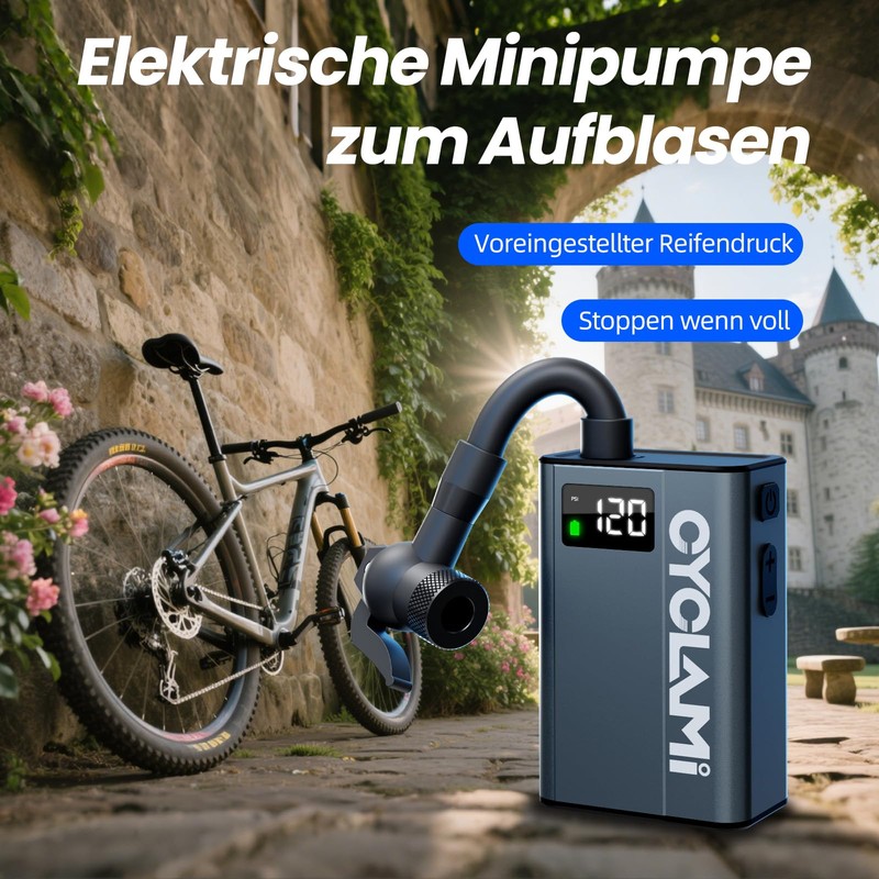 CYCLAMI Electric Bicycle Pump Mini 120PSI with Chip, Display, Memory,