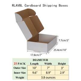 RLAVBL 10x7x3 Inches Shipping Boxes Set of 25, White Small Corrugated Cardboard Box, Mailer Boxes for Packing Small Business