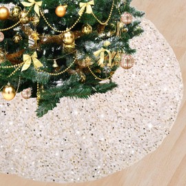 B-COOL Champagne Gold Christmas Tree Skirt -24 Inch Sequin Tree Skirts Embroidered Velvet Tree Skirt for Christmas Holiday Decorations Indoor and Outdoor