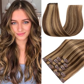 S-noilite Clip in Hair Extensions Real Human Hair,5Pcs Remy Natural Hair Extension Double Weft Seamless Clip in Hair Extensions Full Head for Women- #4P/27 Medium Brown & Dark Blonde-16 Inch(60g)