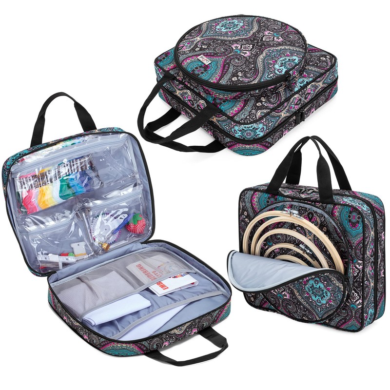 LoDrid Embroidery Project Bag, Square Embroidery Supplies Storage Tote, Portable