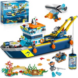 HiWEEGO City Floatable Boat Building Set with LED Light - Ocean Arctic Explorer Ship Building Block Kit with Helicopter, Sub Exploration Toy Adventure Set Birthday Gift for Kids Boys Girls 6 7 8 9 10+