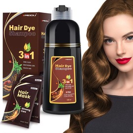 MEIDU 3 in 1 Black Hair Dye Shampoo - Herbal Ingredients Can cover gray hairs, Contains Ginseng Extract, Natural Haircoloring:_Brown+2Hair Mask