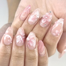 24Pcs Pink Press on Nails Medium Almond Fake Nails with 3D Flower Petal Design Nail Tips Stick on Nails False Nails Spring Summer Floral Acrylic Nail Glue on Nail for Women Parties Dates Wear