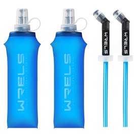 WRELS Soft Flasks Running Water Flask Folding Soft Water Bottles Small for Outdoor Sports Hiking Hydration Pack 5oz/8oz/17oz(BLUE,17oz*2+Straw*2)