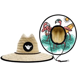 Baby Infant 48cm Lifeguard Hat Straw Beach Cap Brown Palm Patch (48cm Flamingo Surf)