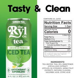 Ryl Unsweetened Green Iced Tea – Antioxidant Superblend, No Artificial Ingredients, Zero Sugar, Zero Calorie, Low Carb, Non-GMO, Kosher, Gluten Free, Made in the USA, 12-Pack, 16 Fl Oz