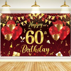Red Black Gold 60th Birthday Banner Decorations for Men Women Large Shiny Red Black Happy 60th Birthday Backdrop Sign in Birthday Decor Background 60th Birthday Anniversary Party Supplies 71x44Inch