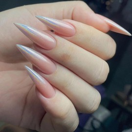 MouyouGlow Press on Nails Long Stiletto Pink Gradient Glitter Sparkly Glazed Doughnut Hailey Bieber Fake Nails with Nail Glue, Chrome Artificial Fingernails