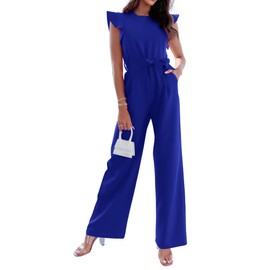 BTFBM - Overol para mujer, cuello redondo, manga casquillo con volantes, cinturón de cintura alta, pierna ancha con bolsillos, traje casual de una pieza, Azul Real, S