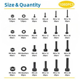 WZHUIDA 1080 Pcs M2 M3 M4 M5 Screws Assortment Kit, Metric Hex Socket Head Cap Screws Nuts Washers Kit with Wrenches Grade 12.9 Alloy Steel, Black Zinc Plated, Anti Rust Upgrade