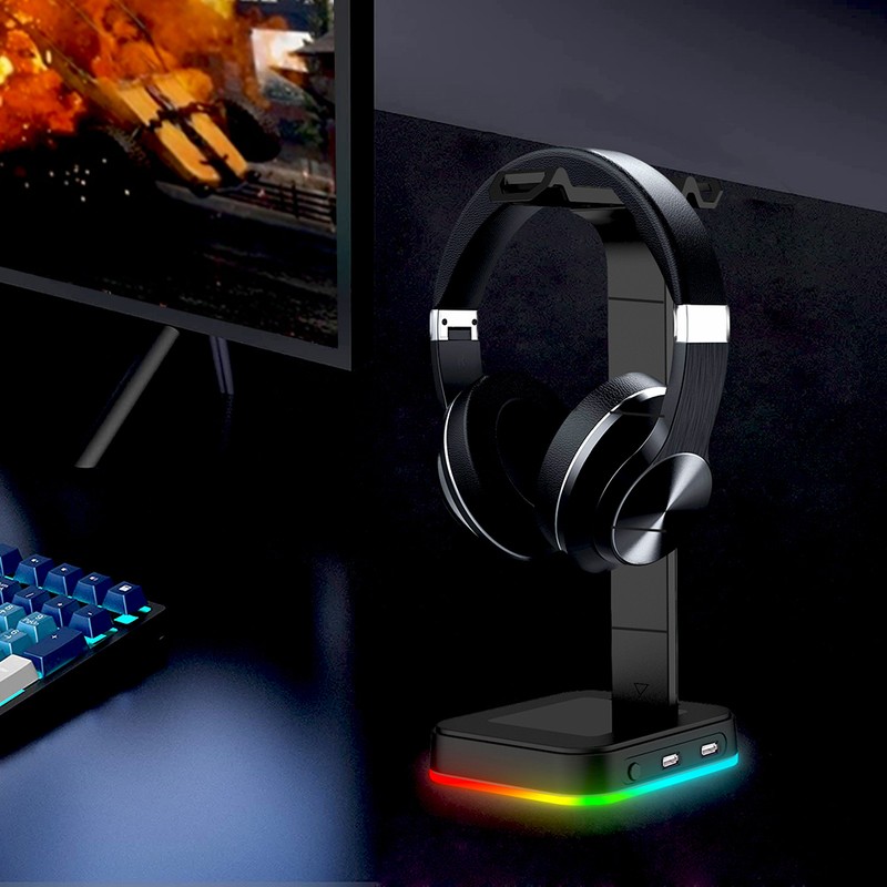 RGB Headphones Stand Dual USB Interface Headphone Holder Earphone Display