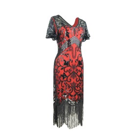 Women's 1920s Dress Sequin Art Deco Great Gatsby Flapper Dress with Sleeve (Black&Red, X-Large)