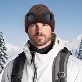 Clakllie Knitted Hat with Visor for Men Women Thermal Skull Cap with Removable Glasses Warm Goggle Beanie Soft Skiing Hiking Running Hat, CDGE-DNBC1-Brown