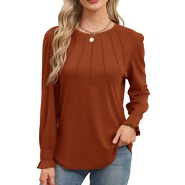 Beimuc Long Sleeve Tops for Women Teacher Shirts Dressy Casual Trendy Pleated Clothes for Women Loose Fit Caramel 2XL