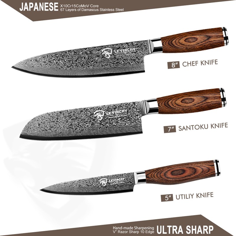 LEVINCHY Damascus Kitchen Knife Set 3 Pieces, Chef Knife/Santoku/Steak, Handmade