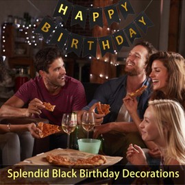Happy Birthday Banner Black Shiny Gold Letters for Birthday Party Decorations