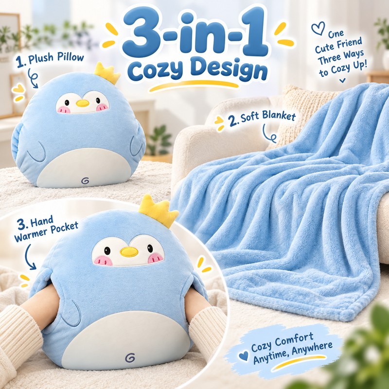 3-in-1 Cartoon Animal Pillow Blanket with Hand Warmer Pocket –