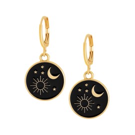 MINACHI Black Enamel Gold Plated Celestial Star Sun Moon Dangle Drop Earrings, Vintage Statement Jewelry Gift for Women