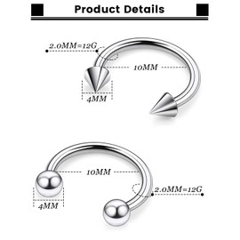 Tvalccoy F136 Titanium 12g Septum Ring Prince Albert Jewelry for Men 12 Gauge Earrings 10mm PA Spike Horseshoe Piercing Internally Threaded