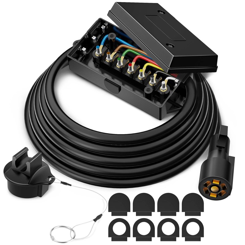 MICTUNING 8ft Trailer Cord with 7-Way Plug, Inline Junction Box