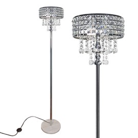 beaysyty Modern K9 Clear Glass Crystals Floor Lamp, On/Off Foot Switch, Crystal & Glass 3-Lights Standing Light, Reading Corner Lamp for Office Cafe, Living Room Bedroom (Chrome)