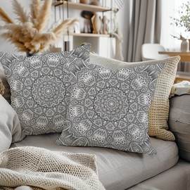 ggaimwf Moroccan Cushion Covers 60 x 60 cm Grey Ethnic Boho Cushion Indian Style Abstract Mandala Arabesque Meditation Hippie Modern Cushion Cover Throw for Sofa Living Room Bed Cushion Cover Set of 2