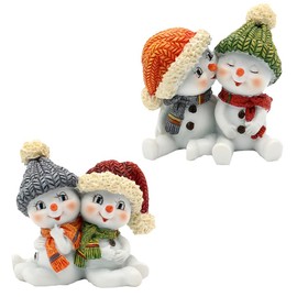 Pair of Snow Children Set of 2 with Hat and Scarf in Red, Grey, Orange and Green, Sitting L/W/H 5.5 x 3.5 x 5.5 cm