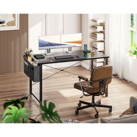 Casaottima Computer Desk - Office 48 Inch Writing Work Student Study Modern Simple Style Wooden Table with Storage Bag & Iron Hook and Built in Charging Station Outlets for Home Bedroom, Black
