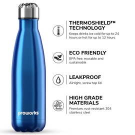 Proworks Performance Stainless Steel Sports Water Bottle | Double Insulated Vacuum Flask for 12 Hours Hot & 24 Hours Cold Drinks - Great for Home, Work, Gym & Travel - 500ml - BPA Free – Metallic Blue