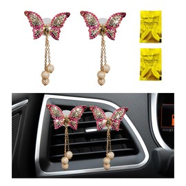 povtii 2 PCS Bling Car Air Vent Clips, Rhinestone Butterfly Air Freshener Outlet Diffuser Clip, Cute Auto Air Conditioning Clip Charm for Women Girls, Decoration Car Accessories (Pink)