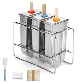 TOCCOOL Stainless Steel Popsicle Molds Set, 3PCS Round Head Double Groove Ice Pop Maker with Rack, DIY Ice Cream Molds with 50 Wood Sticks, 20 Bags & Cleaning Brush, BPA Free, Silver