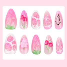 Strawberry Press-On Nails Medium Almond Cherry Pink False Nails Fruit 3D Acrylic Nails Valentine's Day Girls 24pcs LL06