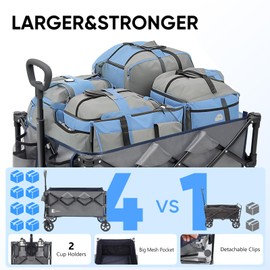 Sunula Collapsible Foldable Wagon Cart with 330lbs Weight Capacity, Heavy Duty Folding Wagon Cart with Big All-Terrain Wheels & Drink Holders. Gray