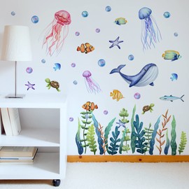 WOHAHA Wall Sticker, Sea, Animals, Undersea World, Whales, Jellyfish, Aquatic Plants, Sea Turtles, Fish, Waterproof, Removable, Wall Sticker, Children's Room, Bathroom, Toilet Wall Sticker, Stylish,