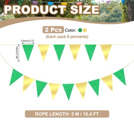 PATIKIL 16.5 ft Pennant Banner Flags, 2Pcs Paper Triangle Flag Bunting Banner Garland Vintage Pennant Flags String for Wedding Birthday Carnival Event Party Decoration, Green/Light Gold