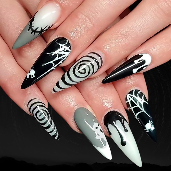 QEYRIYI Halloween Press on Nails Long Pointed Fake Nail with