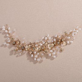Lenjicons Vintage Flower Leaf Rhinestone Headband Silver Golden Flower Leaf Pearls Headpiece Handmade Crystal Beads Pearls Hairband Wedding Hair Accessories for Women (gold, free size)