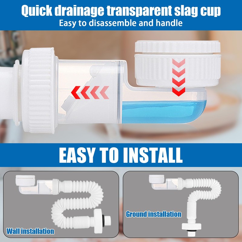 iKALULA 1 1/4 Inch Sink Siphon, Space-Saving Siphon, 360° Adjustable,