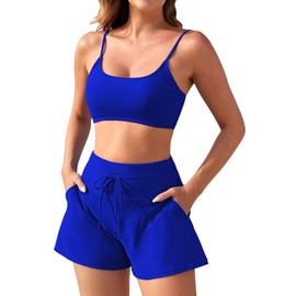 Pink Queen Women's Summer Trendy 2 Piece Bathing Suits Retro Boyshort Swimsuit Empire Waist Bikini with Bottom Fashion Pool Party Swimwear with Pockets Sapphire Blue L