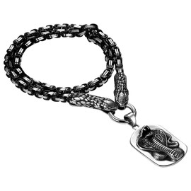 Cupimatch Serpent Dog Tag Necklace: Men's Viking Pendant Necklace Byzantine Chain Dual-Headed Snake Pendant Heavy Stainless Steel 24in Chain Retro Silver for Fathers Day