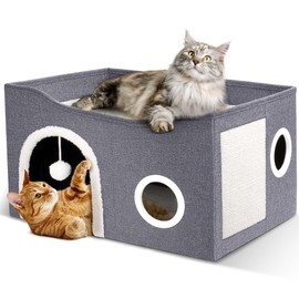 Heeyoo Cat House for Indoor Cats - Large Cat Bed Cave with Fluffy Ball and Scratch Pad, Foldable Cat Houses & Condos, Cat Cubes, Cat Hideaway, Covered Cat Bed for Multi Small Pet Large Kitty